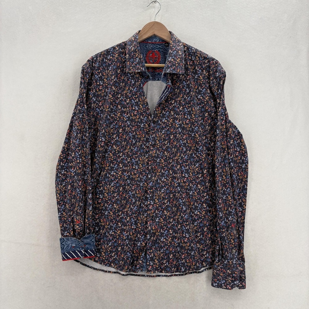Au Noir Davenport Shirt Mens 5 Blue Floral Long Sleeve Button Up Contrast Cuff